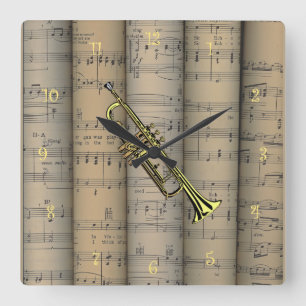 Trompete-~ gerolltes Notenen-Hintergrund ~ Musical Quadratische Wanduhr