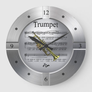 Trompete ~ Notenblatt ~ Gebürstetes Silber ~ Große Wanduhr