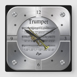 Trompete ~ Sheet Music ~ Pinsel Silber Farbe ~ Quadratische Wanduhr