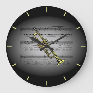 Trompete ~Sheet Musik ~ Schwarz-Grau-Hintergrund Große Wanduhr