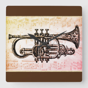 Trompete und Musiknoten Quadratische Wanduhr