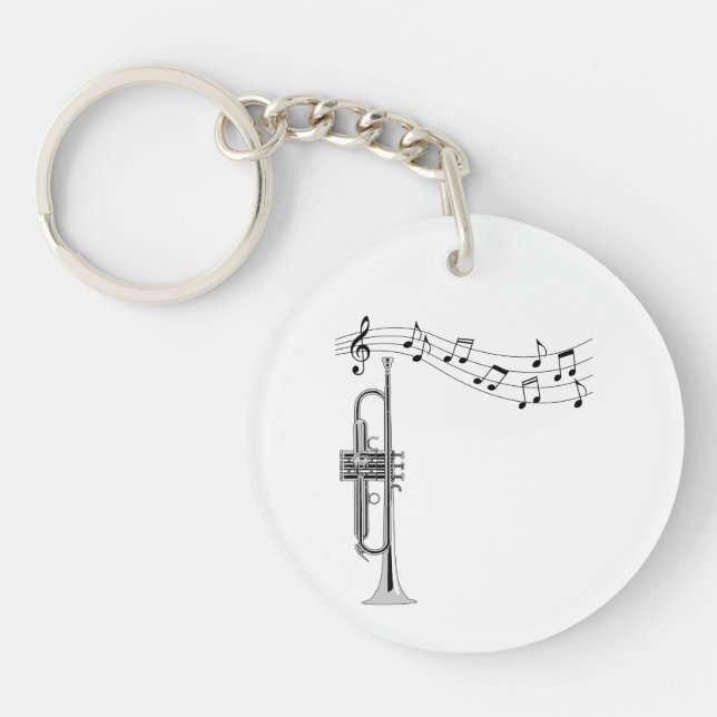 Trompetenmusiker mit Musiknote Schlüsselanhänger (Vorderseite)