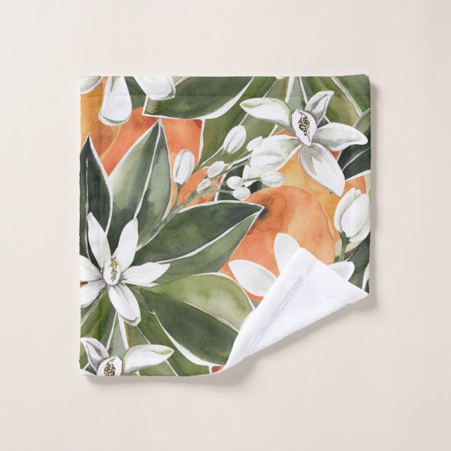 Tropcal Orange & Flowers Watercolor Pattern (Gant de toilette)