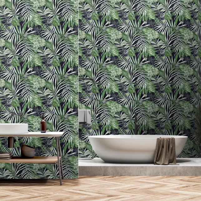 Tropenblätterdschungel, schwarz, grün tapete (Badezimmer)