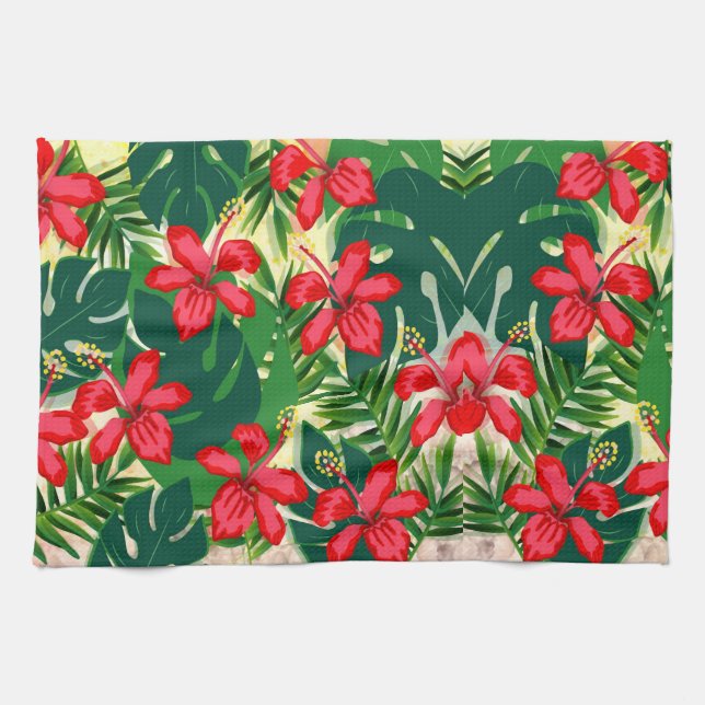 Tropenfarbener Dschungel Hibiskus rot und grün Geschirrtuch (Horizontal)