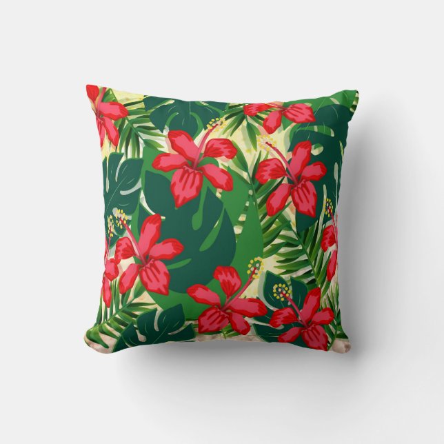Tropenfarbener Dschungel Hibiskus rot und grün Kissen (Vorderseite)