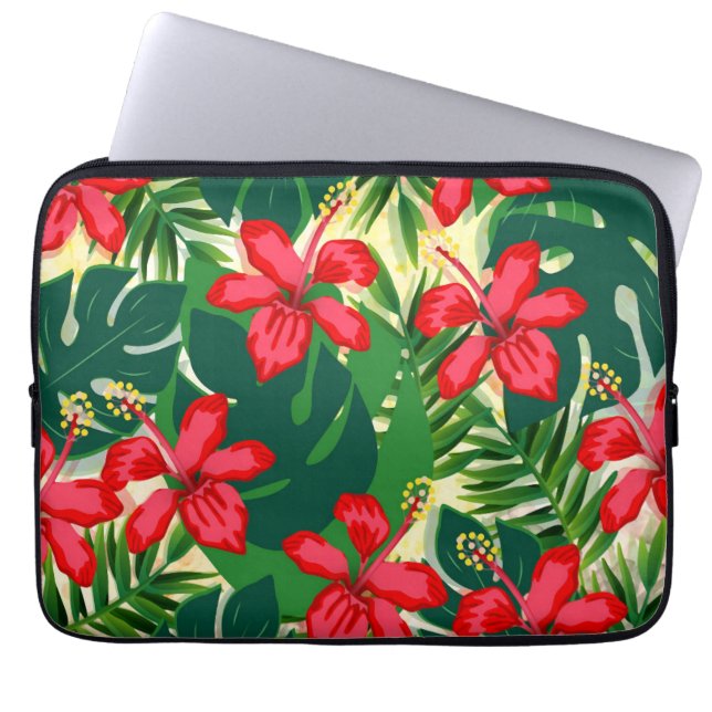 Tropenfarbener Dschungel Hibiskus rot und grün Laptopschutzhülle (Vorderseite)