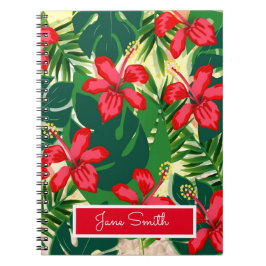 Tropenfarbener Dschungel Hibiskus rot und grün Notizblock