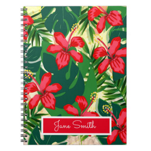 Tropenfarbener Dschungel Hibiskus rot und grün Notizblock