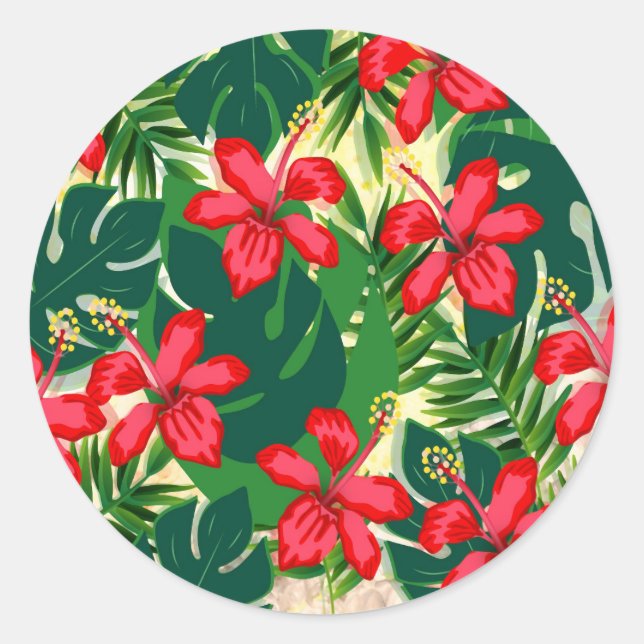 Tropenfarbener Dschungel Hibiskus rot und grün Runder Aufkleber (Vorderseite)