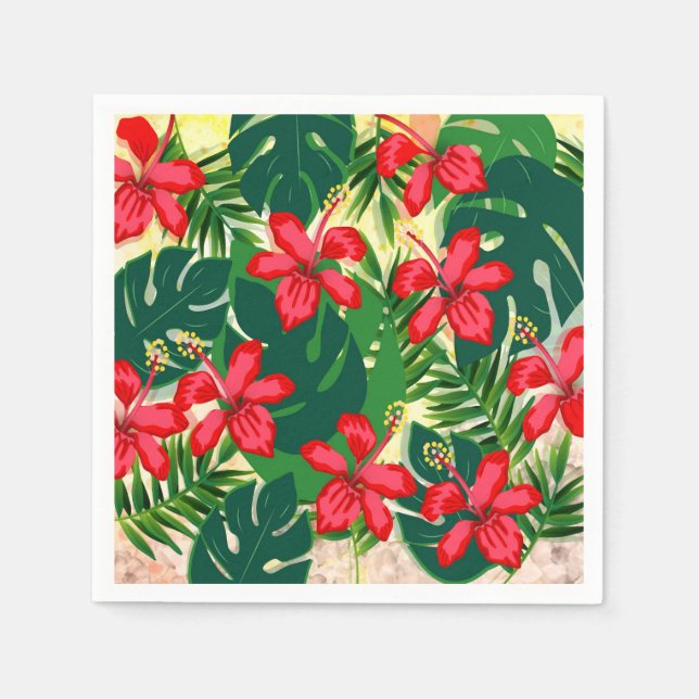 Tropenfarbener Dschungel Hibiskus rot und grün Serviette (Vorderseite)