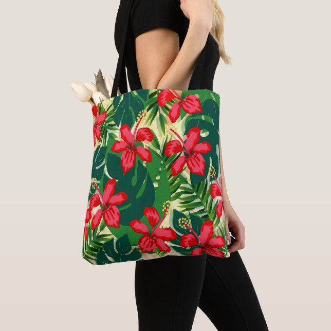 Tropenfarbener Dschungel Hibiskus rot und grün Tasche (Von Nahem)