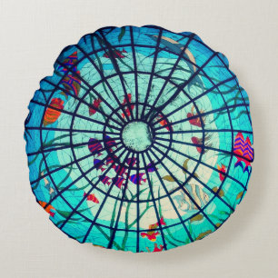 Tropenfische aus geschliffenem Glas, aquamarin bla Rundes Kissen