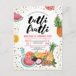 Tropengelbe mehrfarbige Tutti Frutti-Früchte Einladungspostkarte