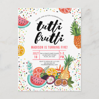 Tropengelbe mehrfarbige Tutti Frutti-Früchte Einladungspostkarte