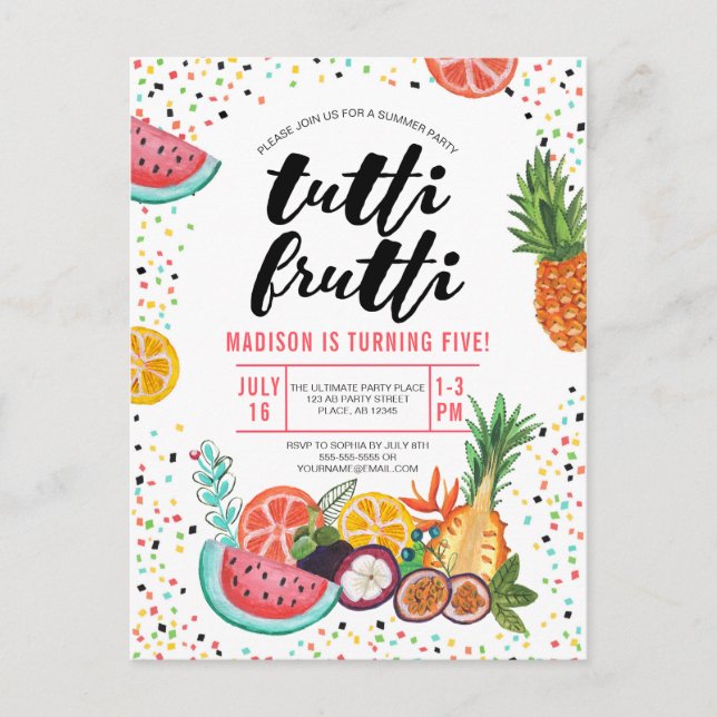 Tropengelbe mehrfarbige Tutti Frutti-Früchte Einladungspostkarte (Vorderseite)