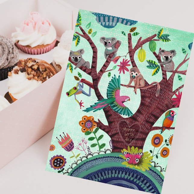 Tropengrün mit Tieren koala Geburtstag Karte (Tropical green tree with animals koala birthday card)