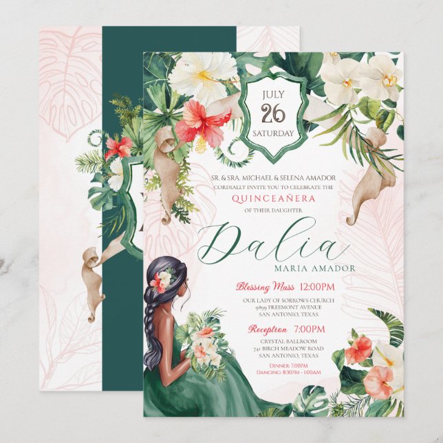 Tropeninsel Emerald Green Floral Quinceanera Einladung (Vorne/Hinten)