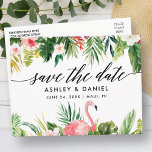 Tropenkalligraphie Save the Date Postkarte<br><div class="desc">Moderne elegante Kalligraphie,  tropische Wasserfarben,  Blumenzwiebeln und Grün-Hochzeit sichern das Datum Postkarte</div>