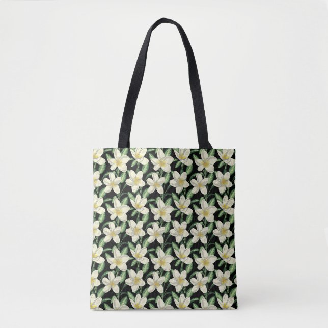 Tropennahtlose, weiße Blume, grünes Blatt Tasche (Vorderseite)