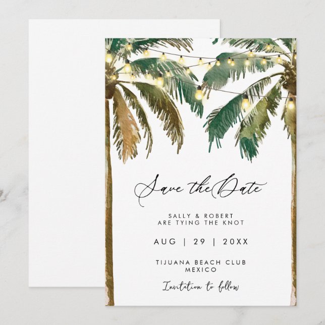 Tropenpalmen Lichter Save the Date Karte (Vorne/Hinten)