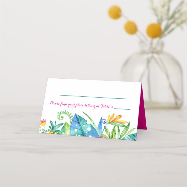Tropenrosa Aquamariner, floraler Zickzack Empfang Platzkarte (Vorderseite)