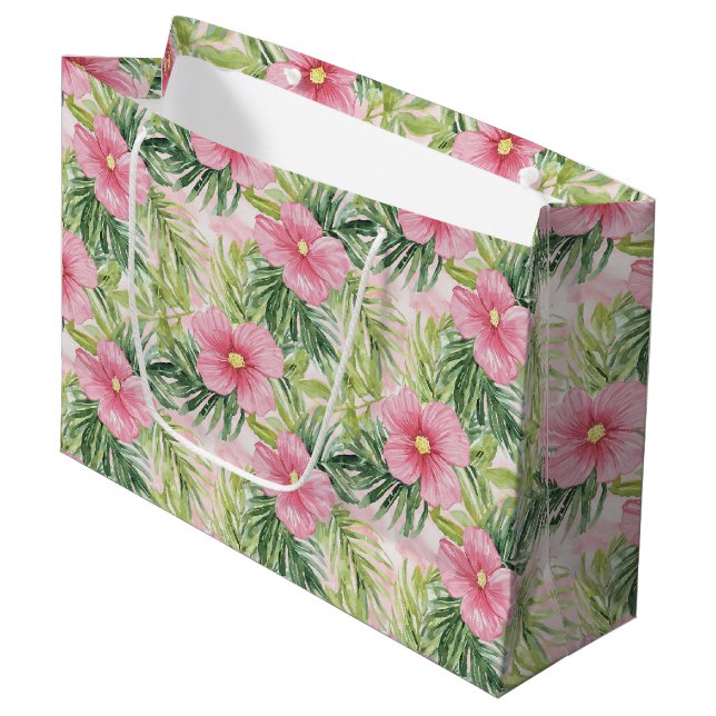 Tropenrosa Blume Große Geschenktüte (Vorderseite Schrägansicht)