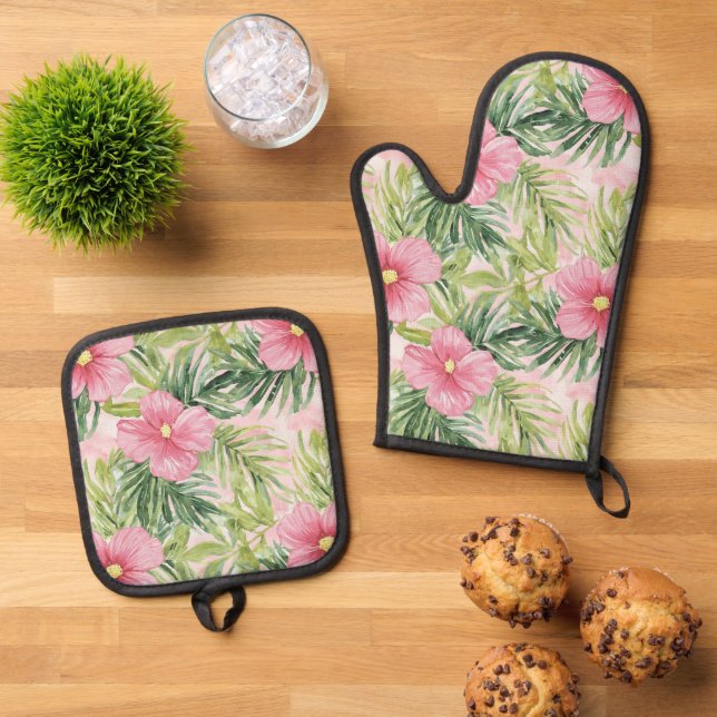 Tropenrosa Blume Ofenhandschuh & Topflappen-Set (Oben Unten)