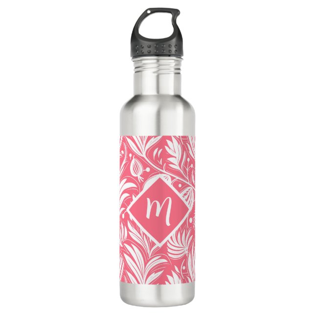 Tropenrosa Blumenmuster Diamond Monogram Edelstahlflasche (Vorderseite)