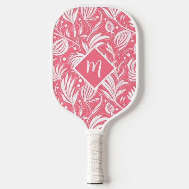 Tropenrosa Blumenmuster Diamond Monogram Pickleball Schläger (Vorderseite)