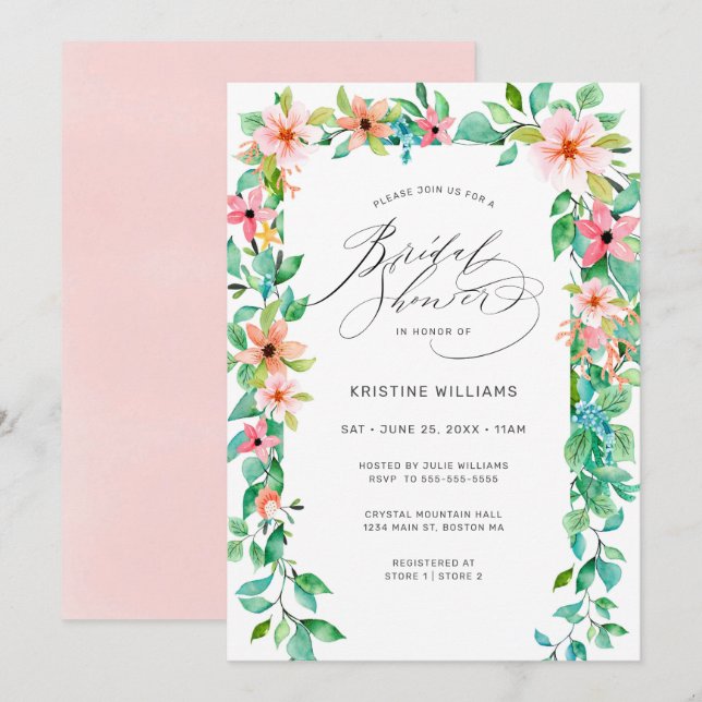 Tropenrosa Floral Modernes Script Brautparty I Einladung (Vorne/Hinten)
