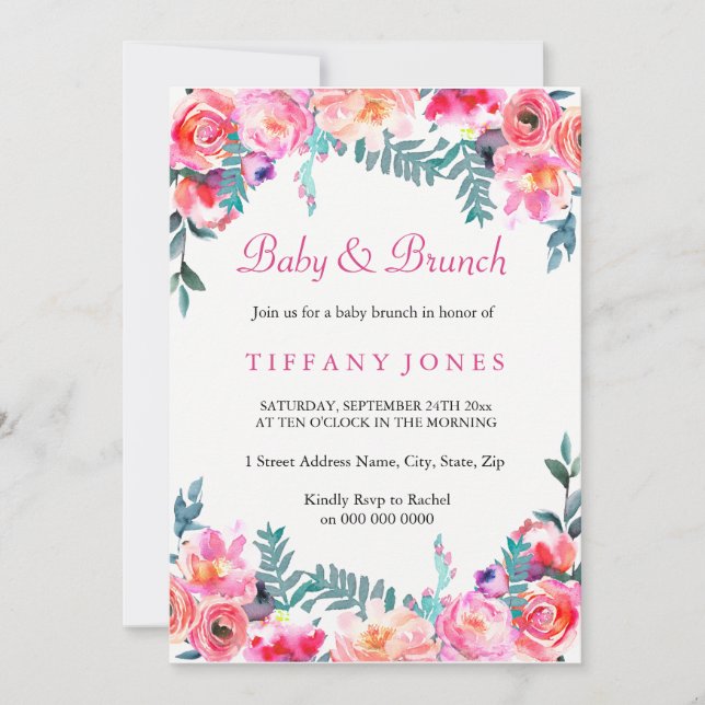 Tropenrosa Floral Watercolor Baby & Brunch Einladung (Vorderseite)