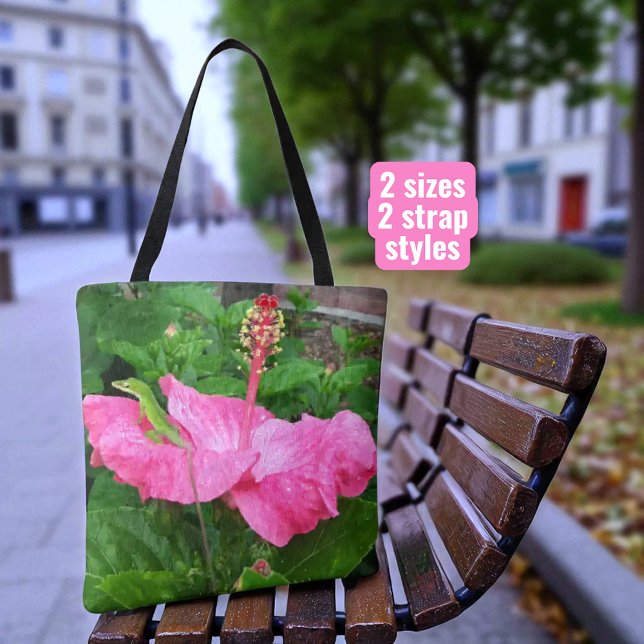Tropenrosa Hibiskus Blume Anole Lizard Foto Tasche (same floral photograph on both sides of tote)