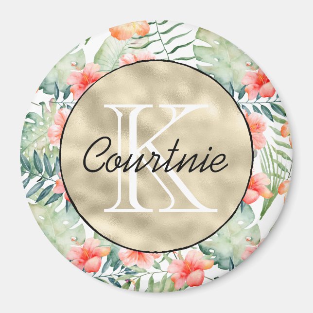 Tropenrosa Hibiskus Floral Gold Monogramm Magnet (Vorne)