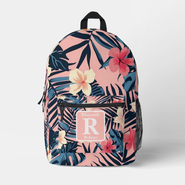 Tropenrosa Hibiskus personalisiert Monogramm Bedruckter Rucksack (Vorderseite)