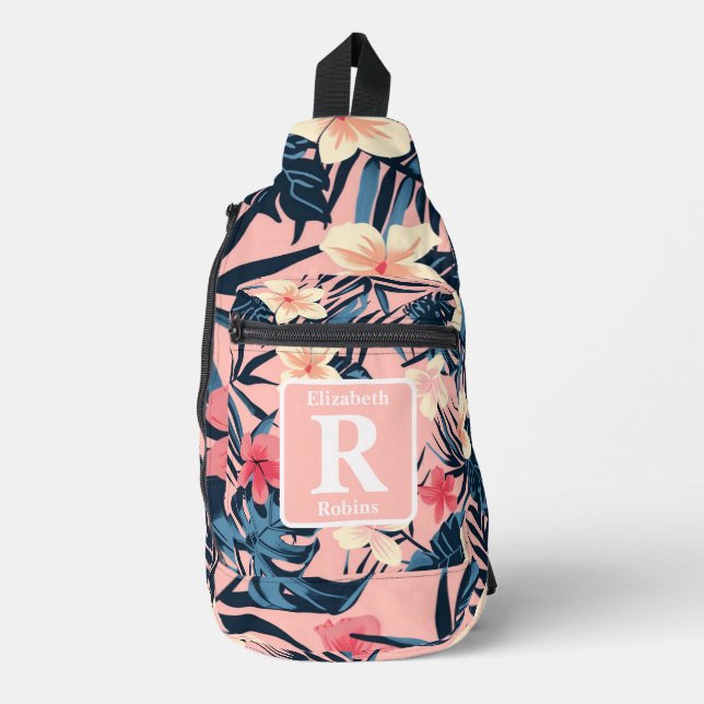 Tropenrosa Hibiskus personalisiert Monogramm Crossbody Bag (Vorderseite)