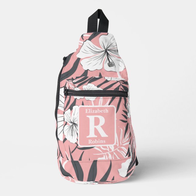 Tropenrosa Hibiskus personalisiert Monogramm Crossbody Bag (Vorderseite)