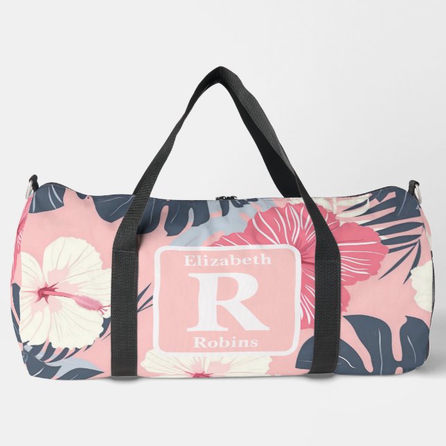 Tropenrosa Hibiskus personalisiert Monogramm Duffle Bag (Vorderseite)