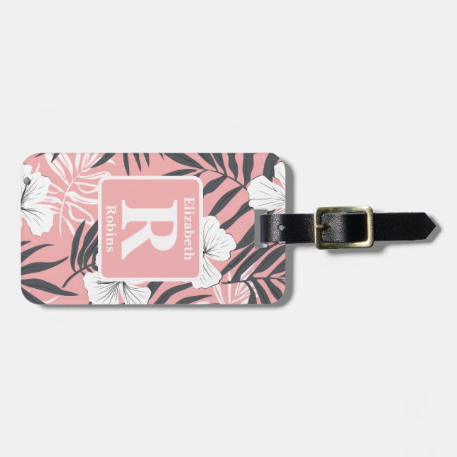 Tropenrosa Hibiskus personalisiert Monogramm Gepäckanhänger (Vorderseite horizontal)