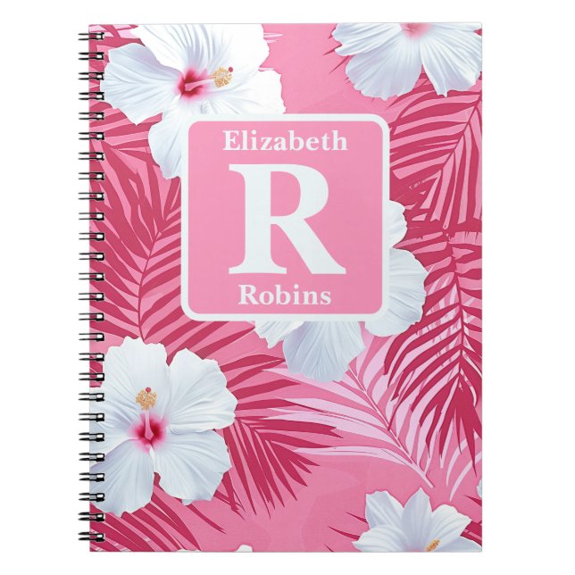 Tropenrosa Hibiskus personalisiert Monogramm Notizblock (Vorderseite)