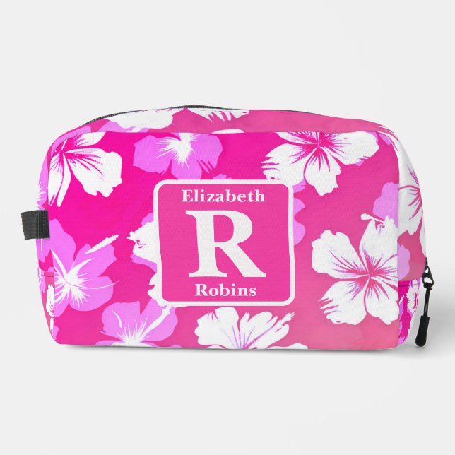 Tropenrosa Hibiskus personalisiert Monogramm Waschbeutel (Vorderseite)