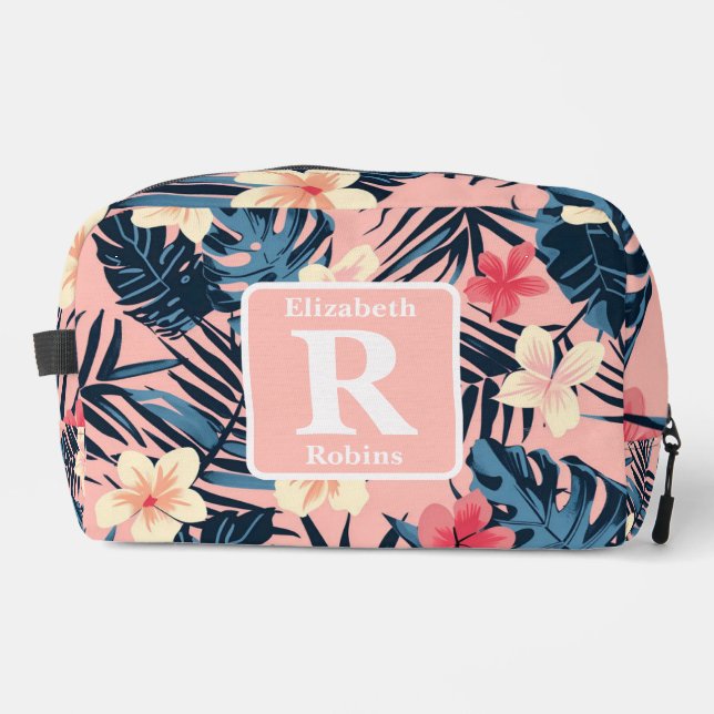 Tropenrosa Hibiskus personalisiert Monogramm Waschbeutel (Vorderseite)