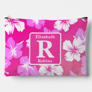 Tropenrosa Hibiskus personalisiert Monogramm Zubehörtasche