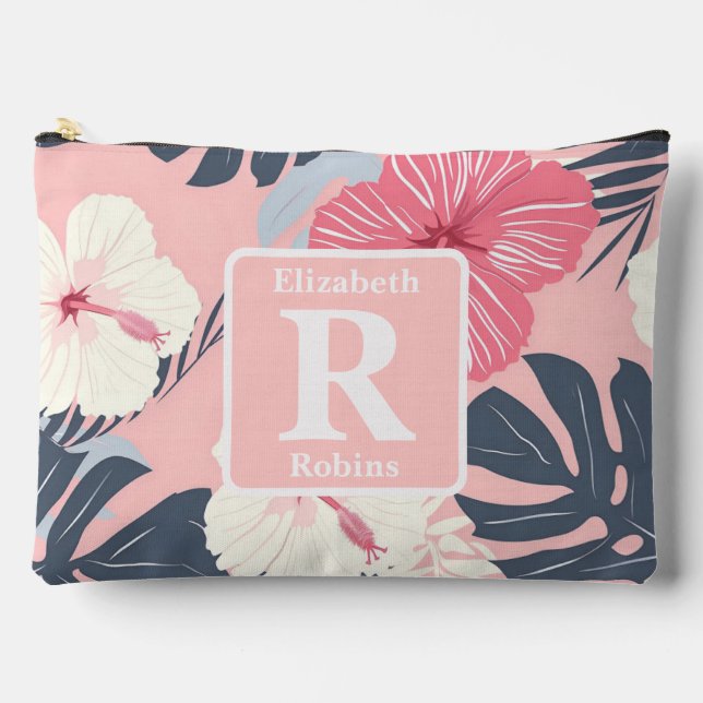 Tropenrosa Hibiskus personalisiert Monogramm Zubehörtasche (Vorderseite)