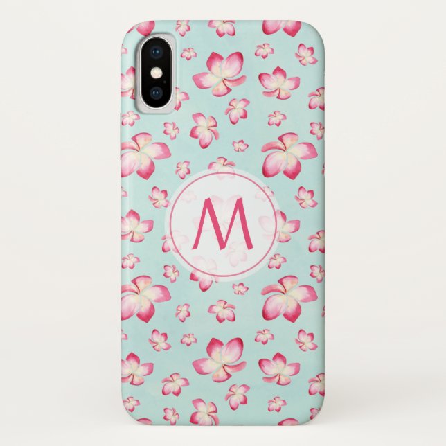 Tropenrosa Plumeria Wasserfarbenmonogramm Case-Mate iPhone Hülle (Rückseite)