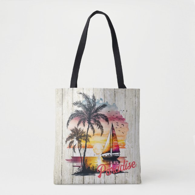 Tropenrosa Sonnenuntergang Sailboat Palms Tasche (Vorderseite)