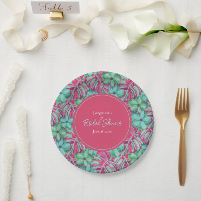 Tropenrosa und grünes Brautparty Pappteller (Hochzeit)