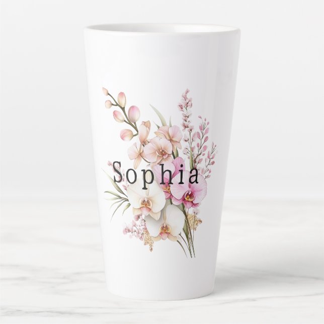 Tropenrosa Weiße Orchideen Blume Geburtstag Milchtasse (Vorderseite)