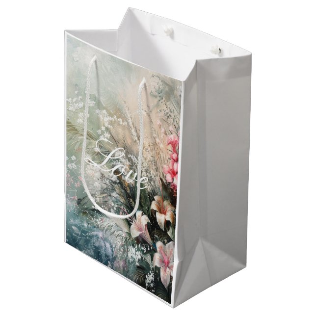 Tropenrosa Weißer Hibiskus Liebe Mittlere Geschenktüte (Vorderseite Schrägansicht)