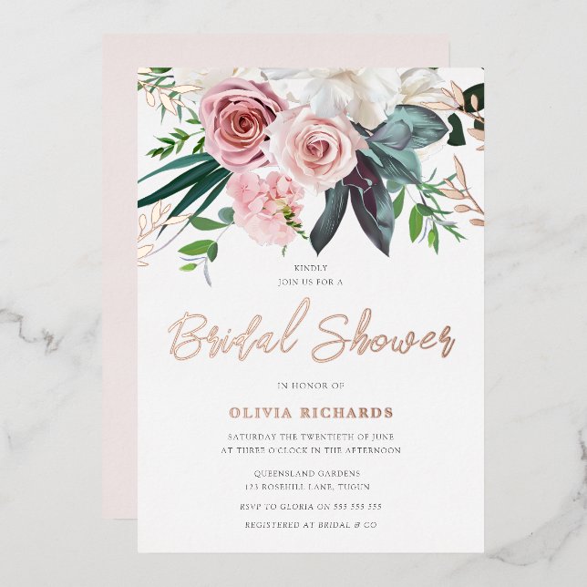 Tropenrot Rosen Brautparty Rose Gold Folieneinladung (Vorderseite/Rückseite)